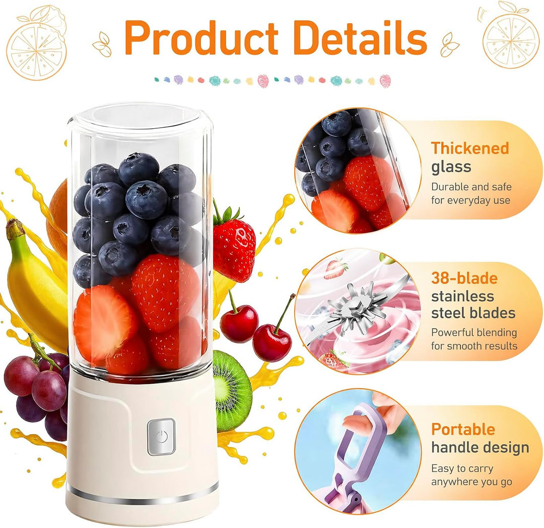 Tragbarer USB-Smoothie-Mixer mit 450ml Glasbecher: Perfekter Mini-Mixer für frische Säfte, Shakes, S