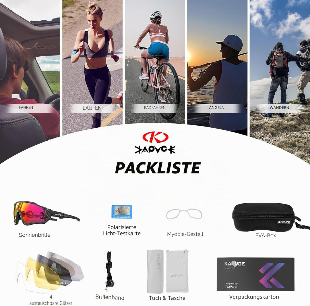 KAPVOE Polarisiert Fahrradbrille mit 1 Linse oder 5 austauschbare Linse TR90 Rahmen für Herren Damen
