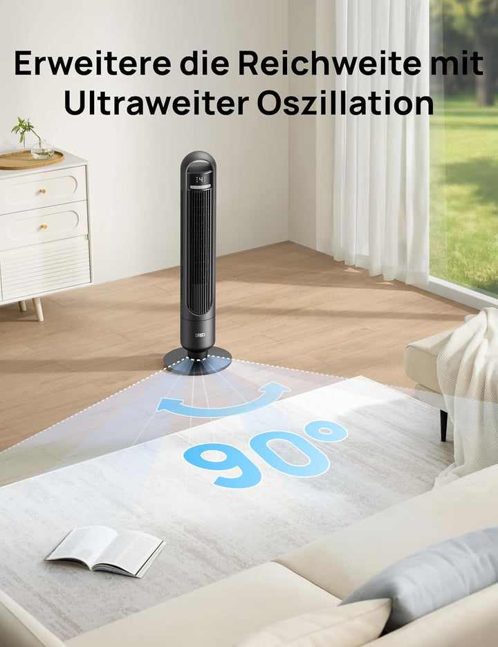 DREO Smart Turmventilator fürs Schlafzimmer, leiser Standventilator mit 28 dB, Luftreichweite bis 8,