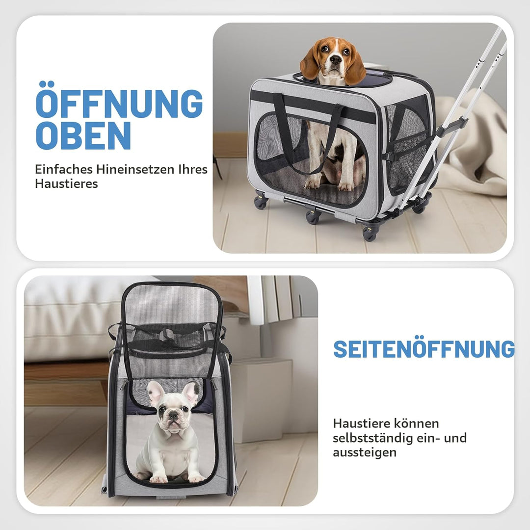 Transportbox Katze Gross bis 20kg, 2-in-1 Hunde Transportbox mit Rollen, Katzentransportbox Hundebox