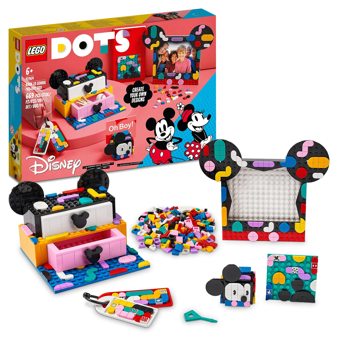 LEGO 41964 DOTS Micky &amp; Minnie Kreativbox zum Schulanfang, 6-in-1 Bastelset mit Taschenanhängern, Au