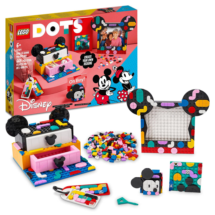 LEGO 41964 DOTS Micky &amp; Minnie Kreativbox zum Schulanfang, 6-in-1 Bastelset mit Taschenanhängern, Au