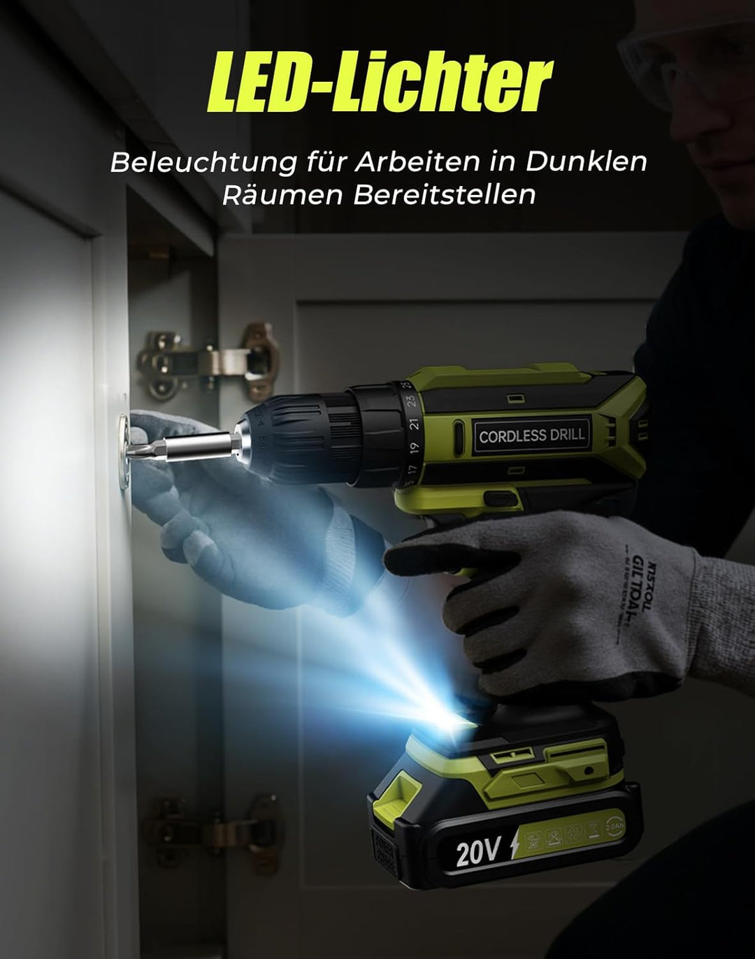 Akkuschrauber, 20V Akku Bohrschrauber, 25+1 Drehmomentstufen Akkubohrer, 42Nm Max Drehmoment, LED-Li