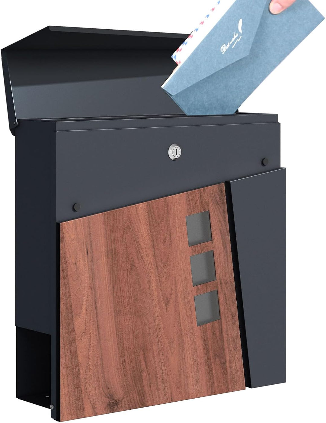 SCHARTEC® Briefkasten Holz Design & anthrazit mit Zeitungsfach modern & gross Wandbriefkasten Postka