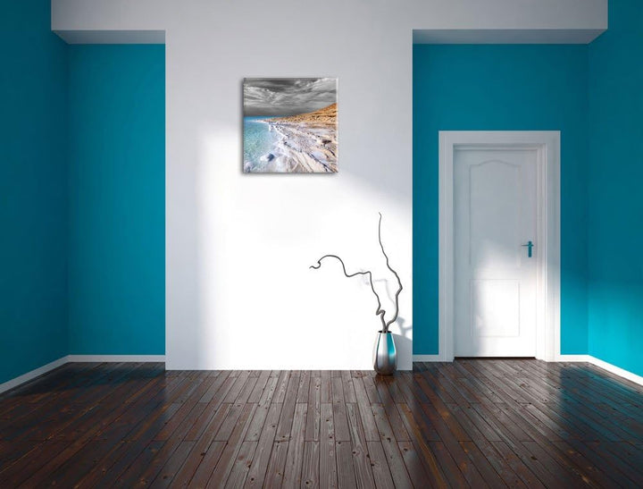Pixxprint Das Tote Meer bei Tag Schwarz/Weiss, Format: 70x70 auf Leinwand, 70x70