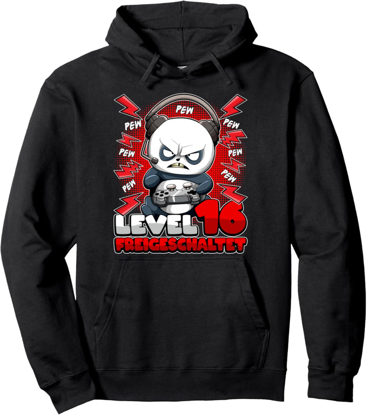 16. Geburtstag Junge Gamer Panda Level 16 Freigeschaltet Pew Pullover Hoodie