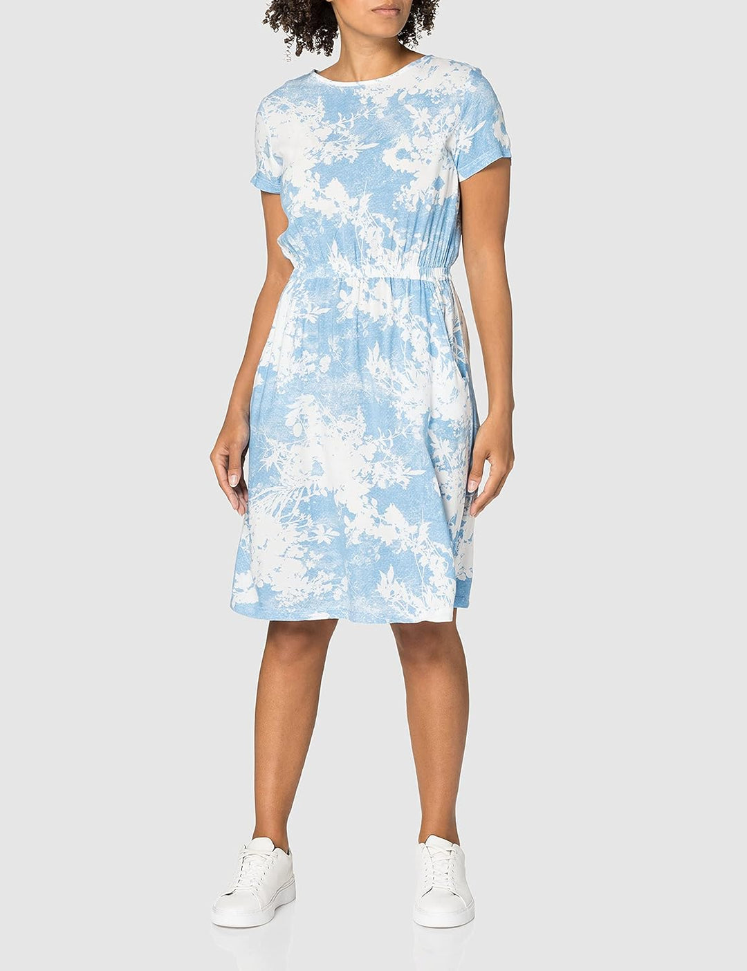 Timezone Damen Printed Basic Dress Lässiges Kleid XL Blue Cut Out Flowers, XL Blue Cut Out Flowers