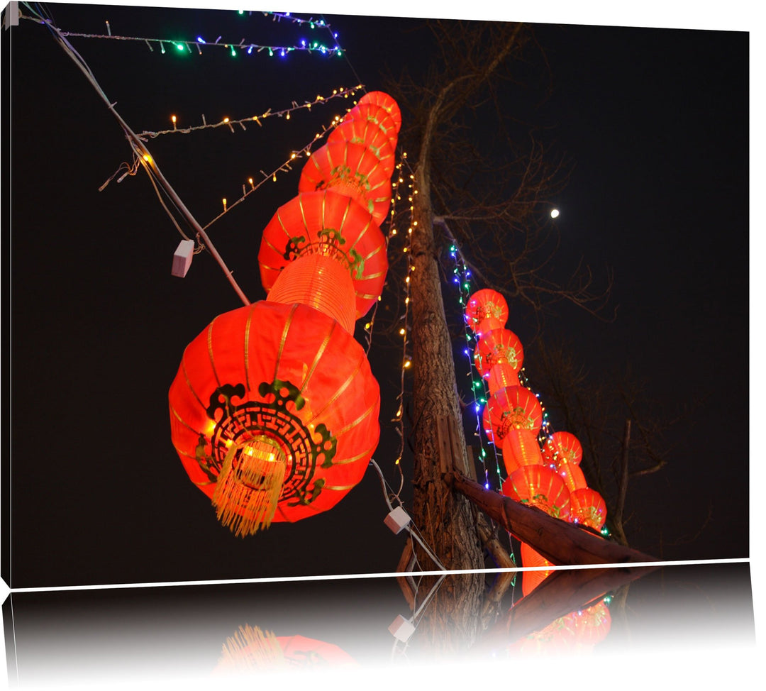 Dark traditionelle chinesische Lampions Leinwand, XXL riesige Bilder fertig gerahmt mit Keilrahmen,