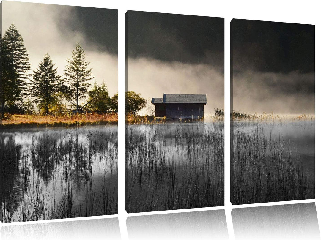 Pixxprint Häuschen am See mit Nebel als Leinwandbild | Grösse: 3 Teilig (120x80) | Wandbild| Kunstdr