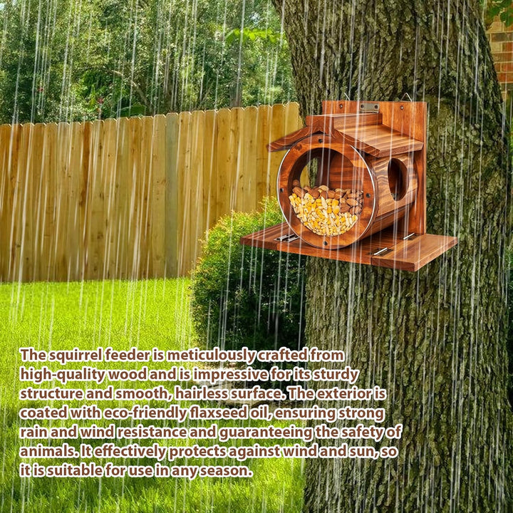 Eichhörnchen Futterhaus Wetterfest aus Holz mit Runden Transparentes Fenster, Eichhörnchen Futtersta