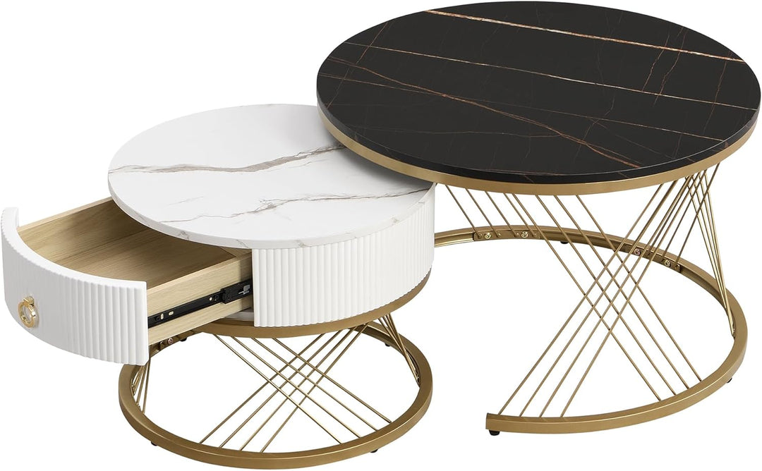 Merax Couchtisch 2er-Set, 70x70 cm+50x50 cm, Marmoroptik mit Golddekor, Beistelltisch mit Schubladen