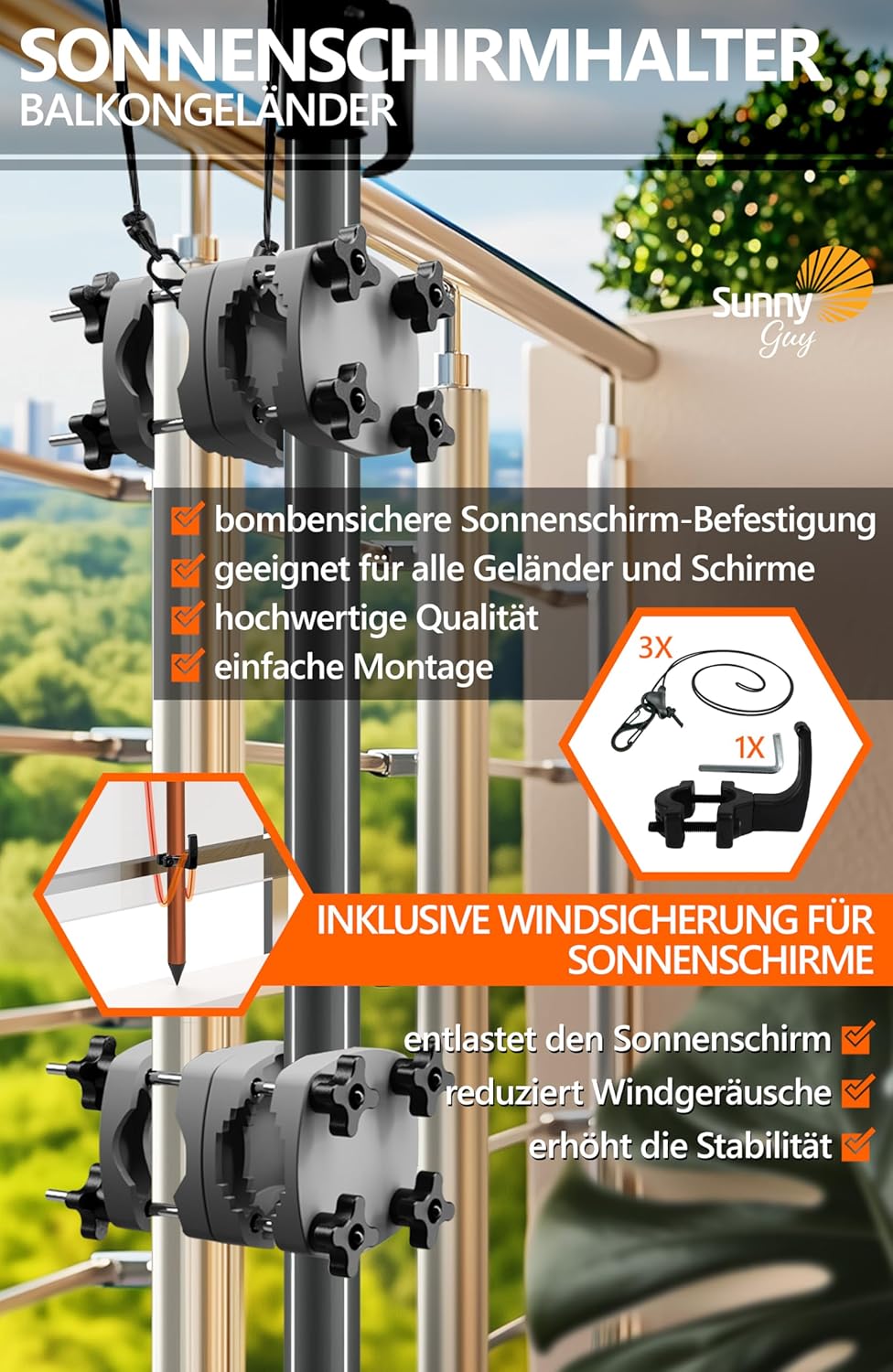 4smile 2 x Sonnenschirmhalter Balkongeländer SunnyGuy, Anthrazit + Windsicherung für Sonnenschirme -