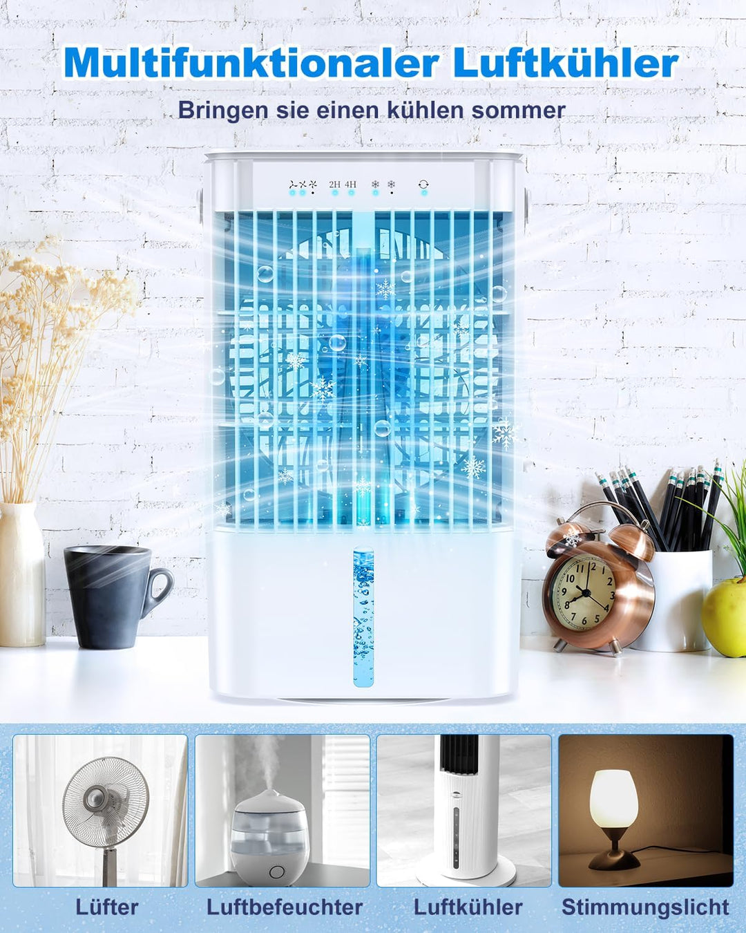 RenFox Mobiler Klimaanlage 4 in 1 Energiesparender Mini Luftkühler mit grossem wassertank (1200 ml),