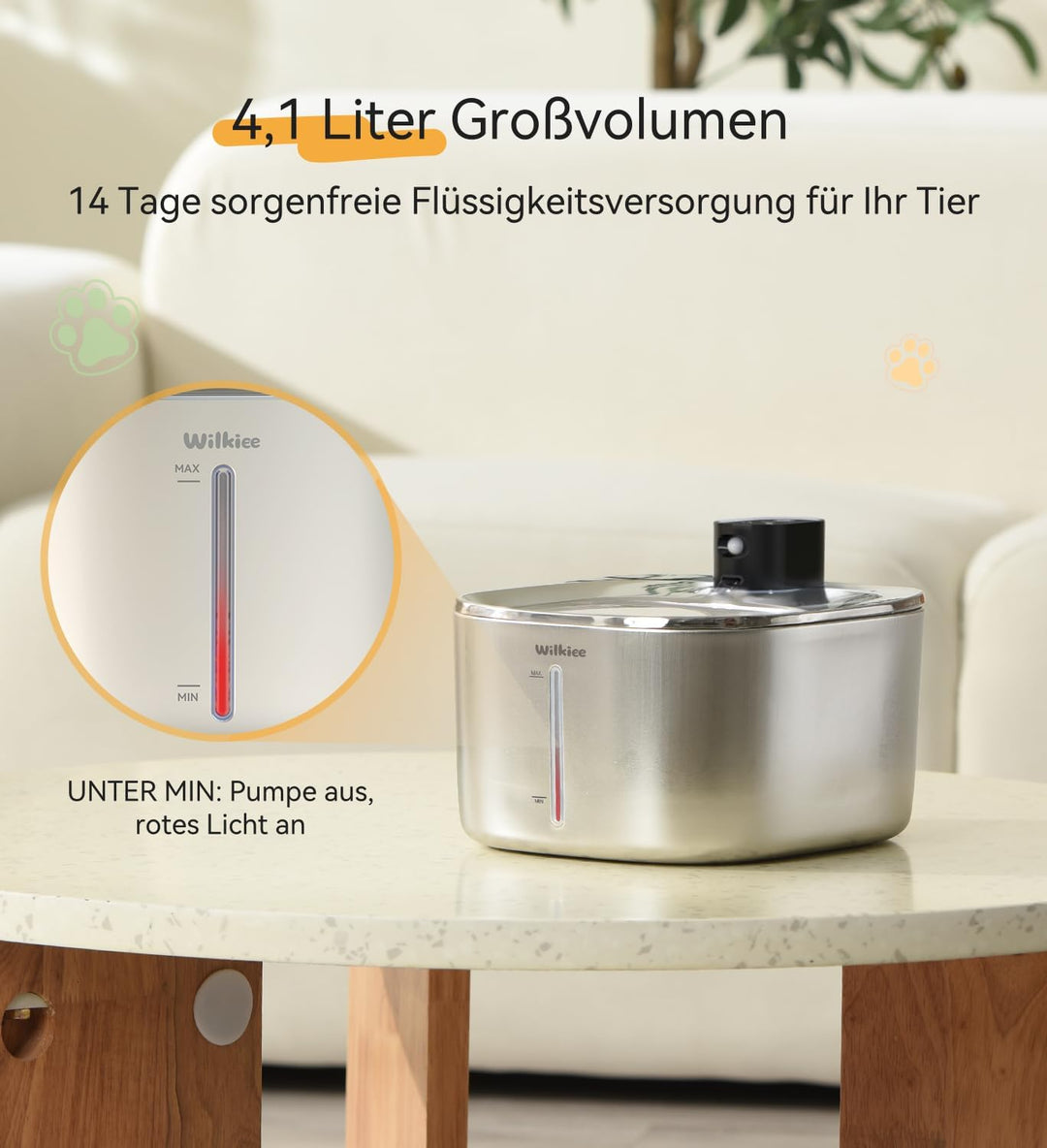 Katzenbrunnen Edelstahl Kabellos,4,1L 4000mAh, Schwarz, No Adapter | 4000mAh, 3 Modi (Sensor/Zeit/Da