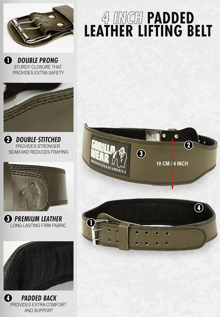 Gorilla Wear 4 Inch Padded Leather Belt - schwarz - Bodybuilding und Fitness Gürtel für Damen und He