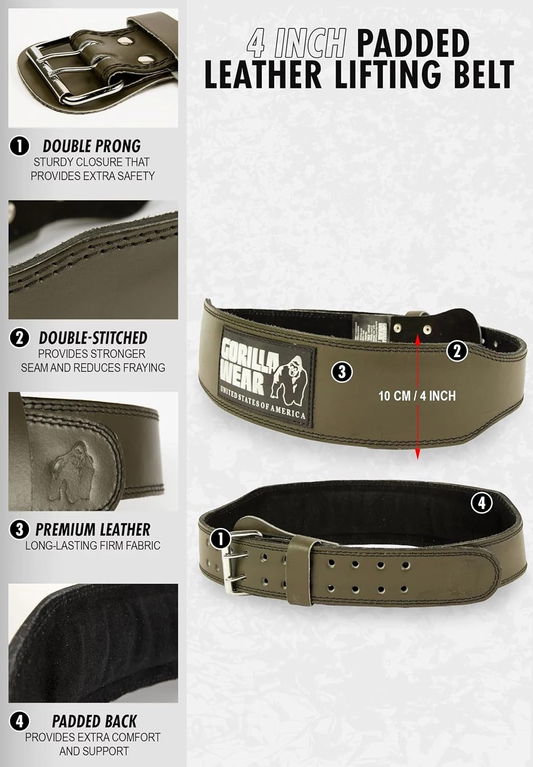 Gorilla Wear 4 Inch Padded Leather Belt - schwarz - Bodybuilding und Fitness Gürtel für Damen und He