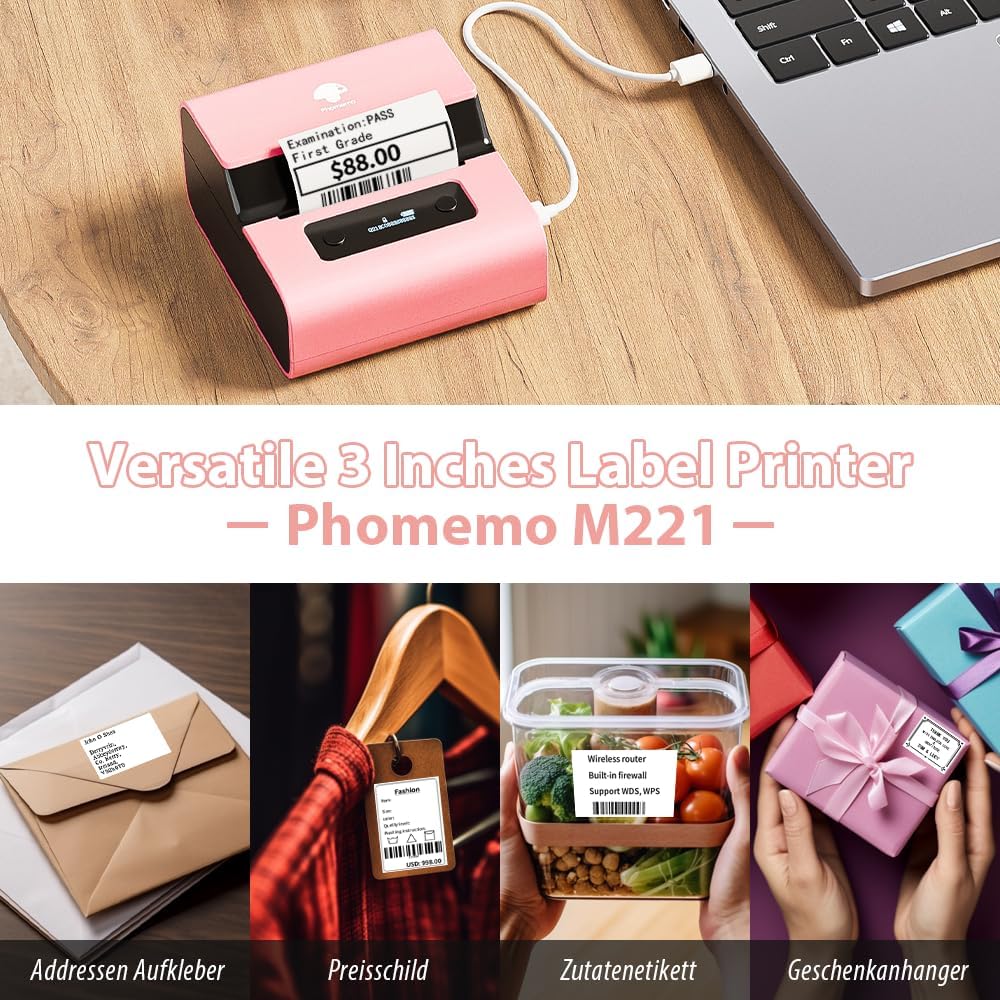 Phomemo M221 Beschriftungsgerät Selbstklebend mit 3 Etikettenrollen - Bluetooth Etikettiergerät Trag