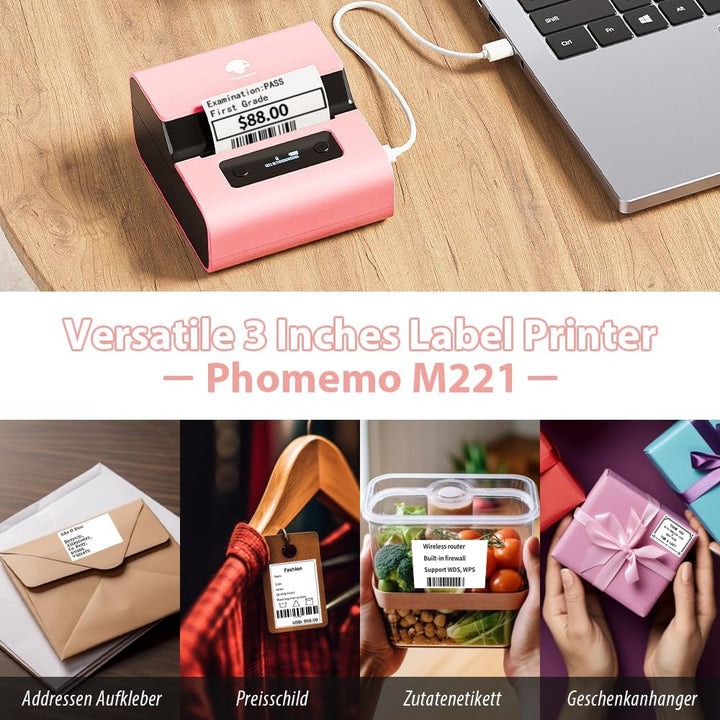 Phomemo M221 Beschriftungsgerät Selbstklebend mit 3 Etikettenrollen - Bluetooth Etikettiergerät Trag
