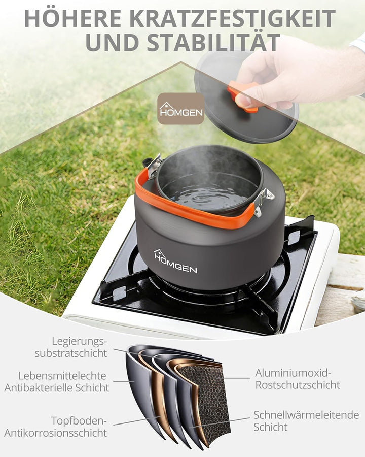 HOMGEN Camping-kessel 2 L tragbarer Campingkocher Aluminiumoxid-Wasserkocher Kochgeschirr mit Traget