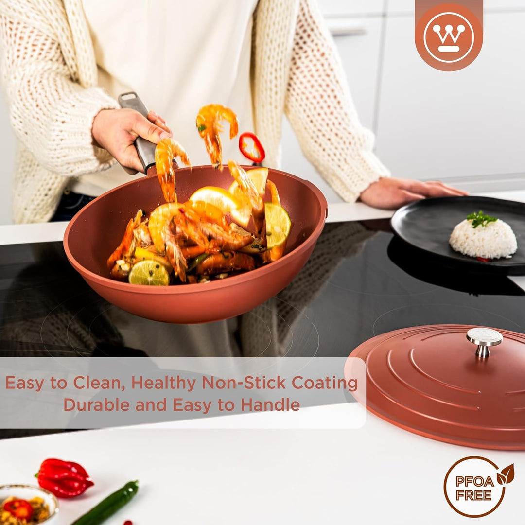 Westinghouse PERFORMANCE SERIES Wok Pfanne mit Deckel, Beschichtete Pfanne 28 cm mit Edelstahl-Griff