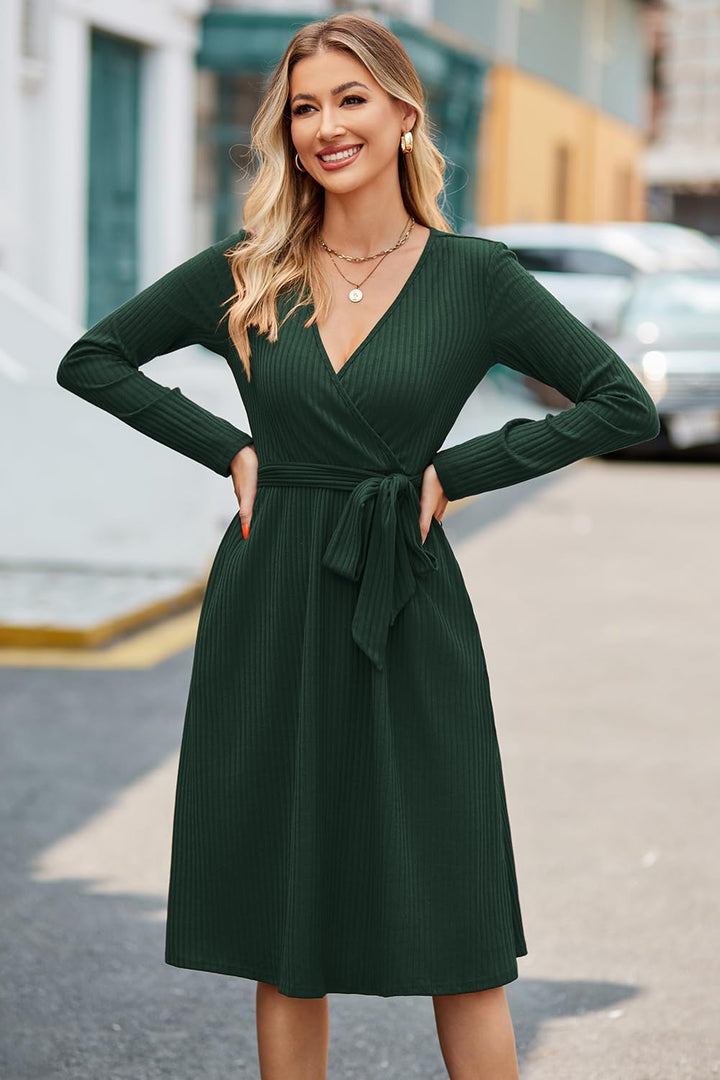 Newshows Strickkleid Damen Herbstkleid V Ausschnitt Pulloverkleid Winterkleid Kleid mit Taschen für