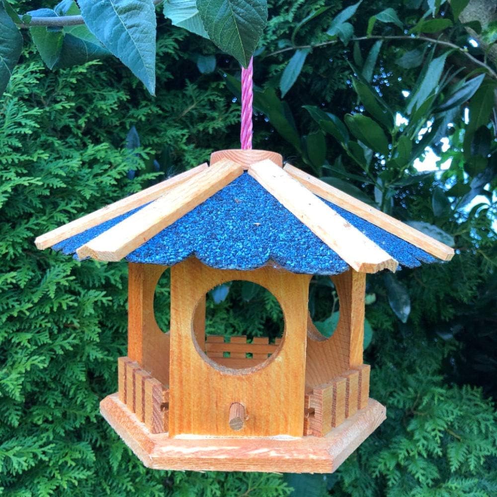 Vogelhaus zum Aufhängen Maxi Ø 30 cm wetterfest Futterstelle Sechseck aus Holz (Klein, Braun/Blau) K