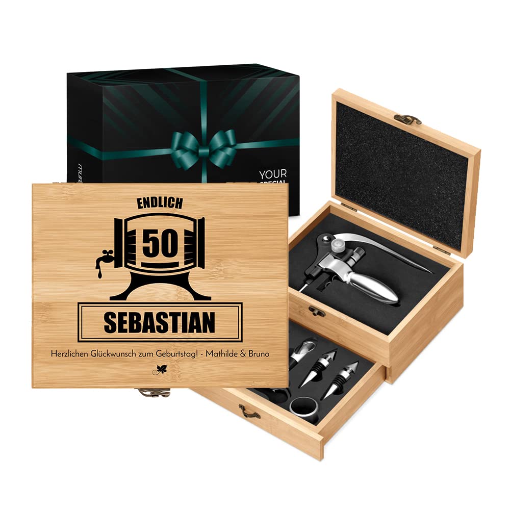 Maverton Weinöffner-Set personalisiert Weinset Sommelier Set - Geschenkbox Holzbox + 8er Weinzubehör