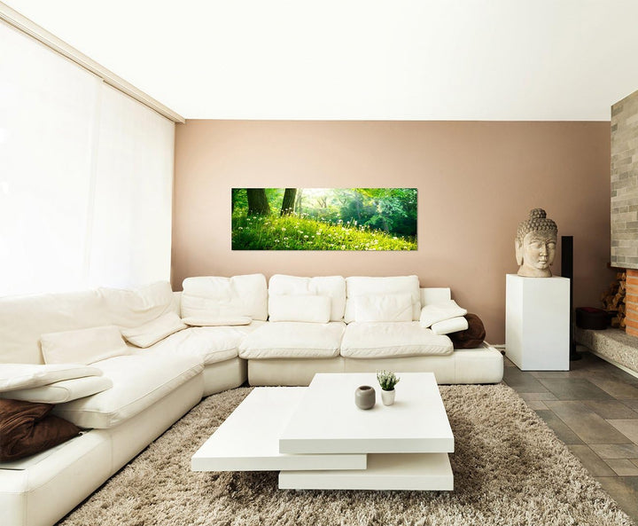 Paul Sinus Art Panoramabild auf Leinwand und Keilrahmen 150x50cm Wald Wiese Pusteblumen Frühling Son
