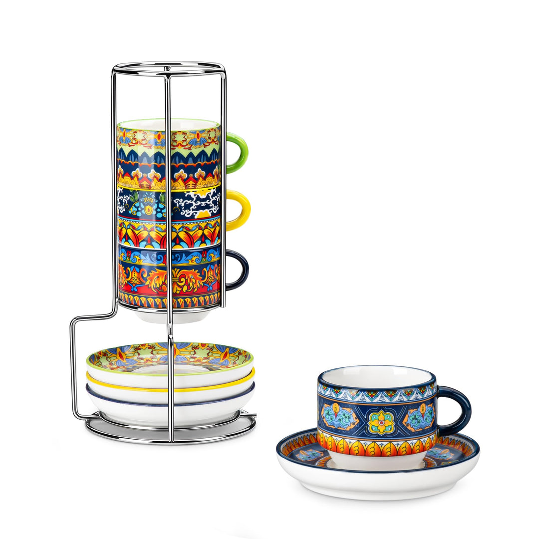 vancasso Espressotassen 4er Set, 90 ml Kaffeetassen mit Untertassen &amp; Metallständer, Stapelbar Dickw