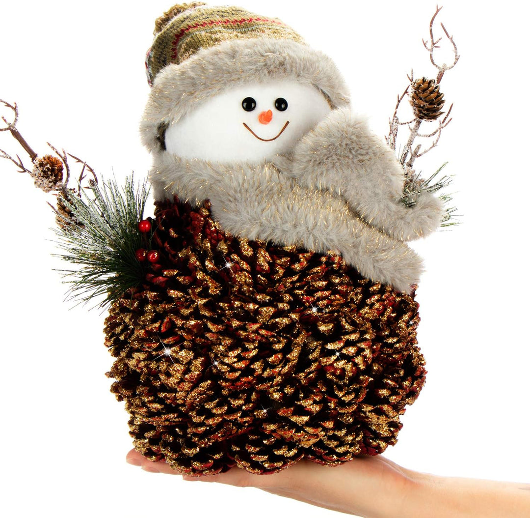 COM-FOUR® Schneemannfigur Grösse L Premium, winterliche Dekofigur mit Tannenzapfenkörper, Handmade l