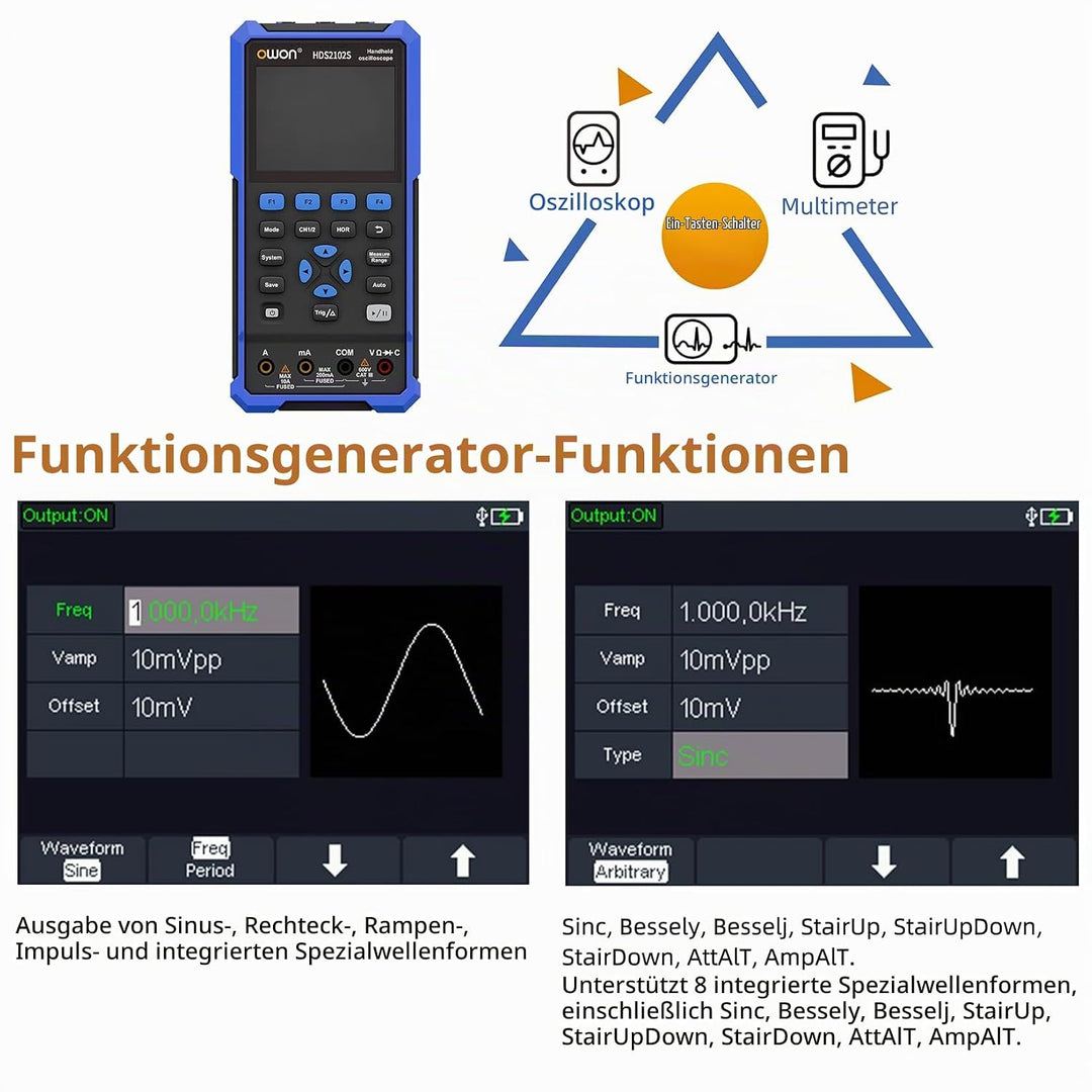 OWON HDS2102S Handheld Oszilloskop, 20000 Counts Digital multimeter, 2Kanal Digitaloszilloskop Tragb