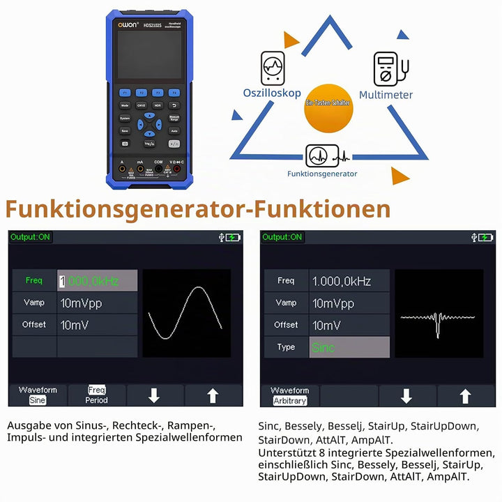 OWON HDS2102S Handheld Oszilloskop, 20000 Counts Digital multimeter, 2Kanal Digitaloszilloskop Tragb