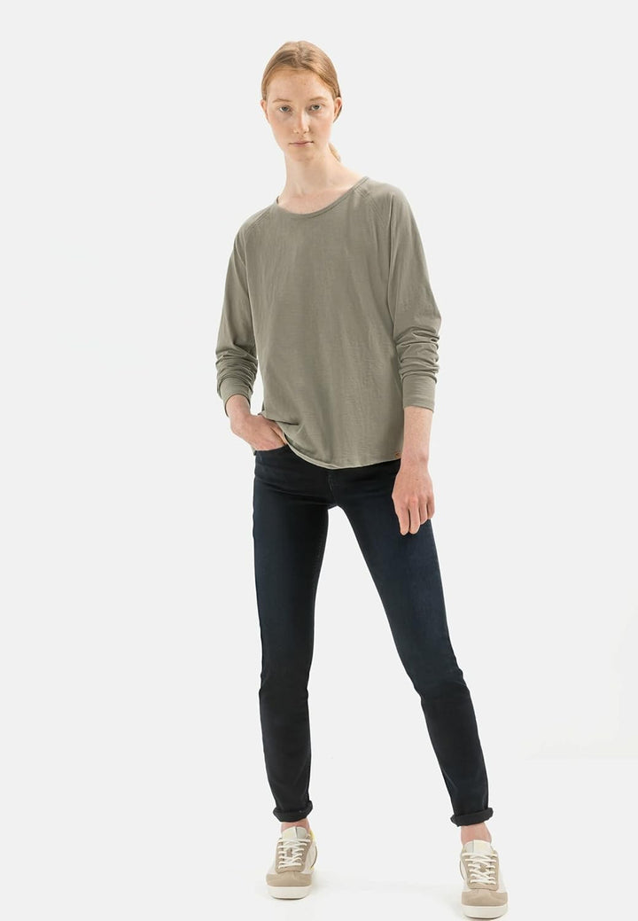 camel active Damen Basic Langarm T-Shirt mit Rundhalsausschnitt aus Reiner Baumwolle, XS Khaki