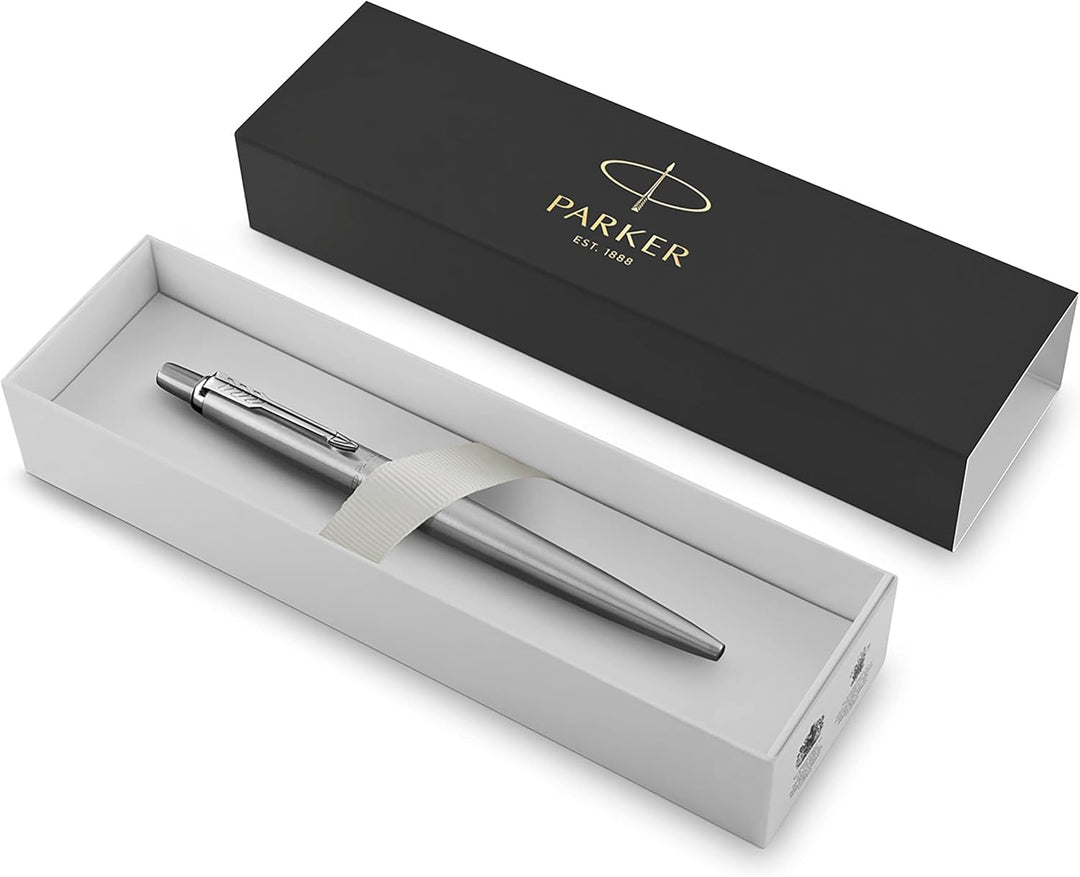 Parker Jotter Kugelschreiber | Edelstahl mit Chromzierteilen | Mittlere Spitze | Blaue Tinte | Schul