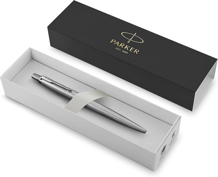 Parker Jotter Kugelschreiber | Edelstahl mit Chromzierteilen | Mittlere Spitze | Blaue Tinte | Schul