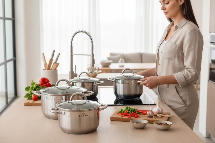 Zilner Topfset - Kochtopf Set 12-teilig - Edelstahl - mit Glasdeckeln - für alle Herdarten - Silber