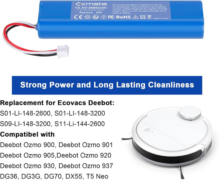 Exmate 14.4V 3600mAh Li-Ion Akku, Ersatzakku für Ecovacs Deebot Ozmo 900, 901, 905, 920, 930, 937, D