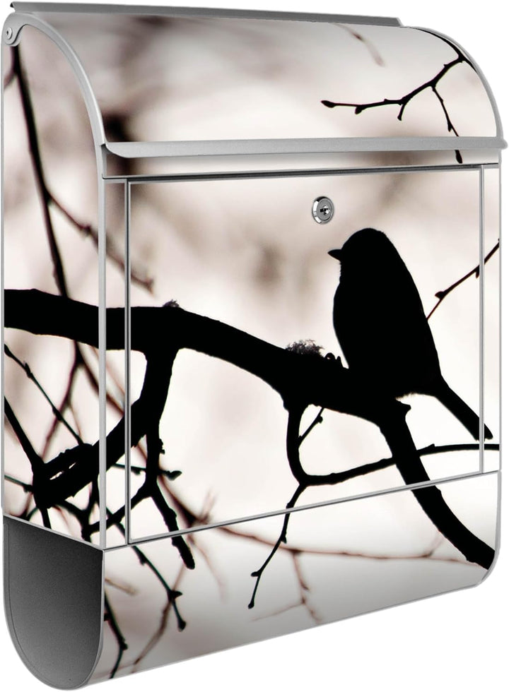 banjado® Design Briefkasten mit Motiv Früher Vogel 39x47x14cm &amp; 2 Schlüssel - Briefkasten Stahl Silb