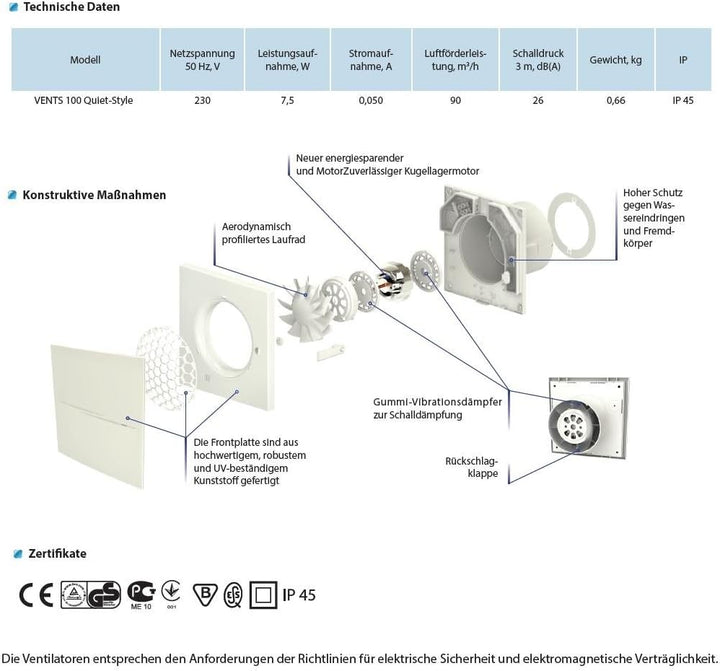 VENTS Kleinraumventilator Wandventilator Quiet Style 100