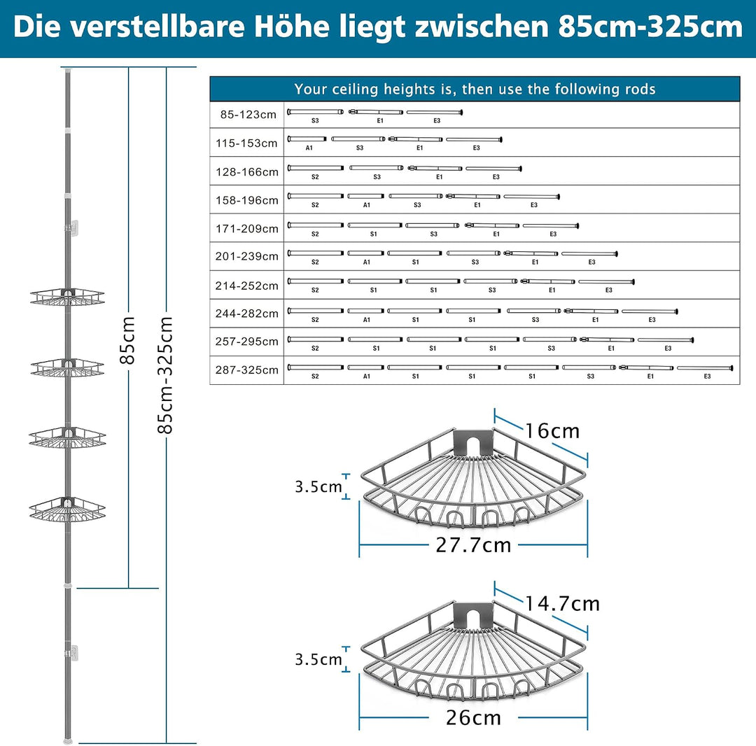 Duschablage ohne Bohren Edelstahl Teleskop Duschregal Duschgel Halterung Eckregal Bad mit 4 Körben,