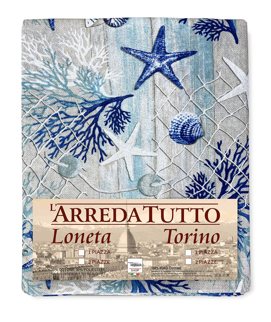 Tex Family Tagesdecke Gran Foulard Sofaüberwurf Stoff Loneta Meer Korallen blau - Einzelbett, Einzel