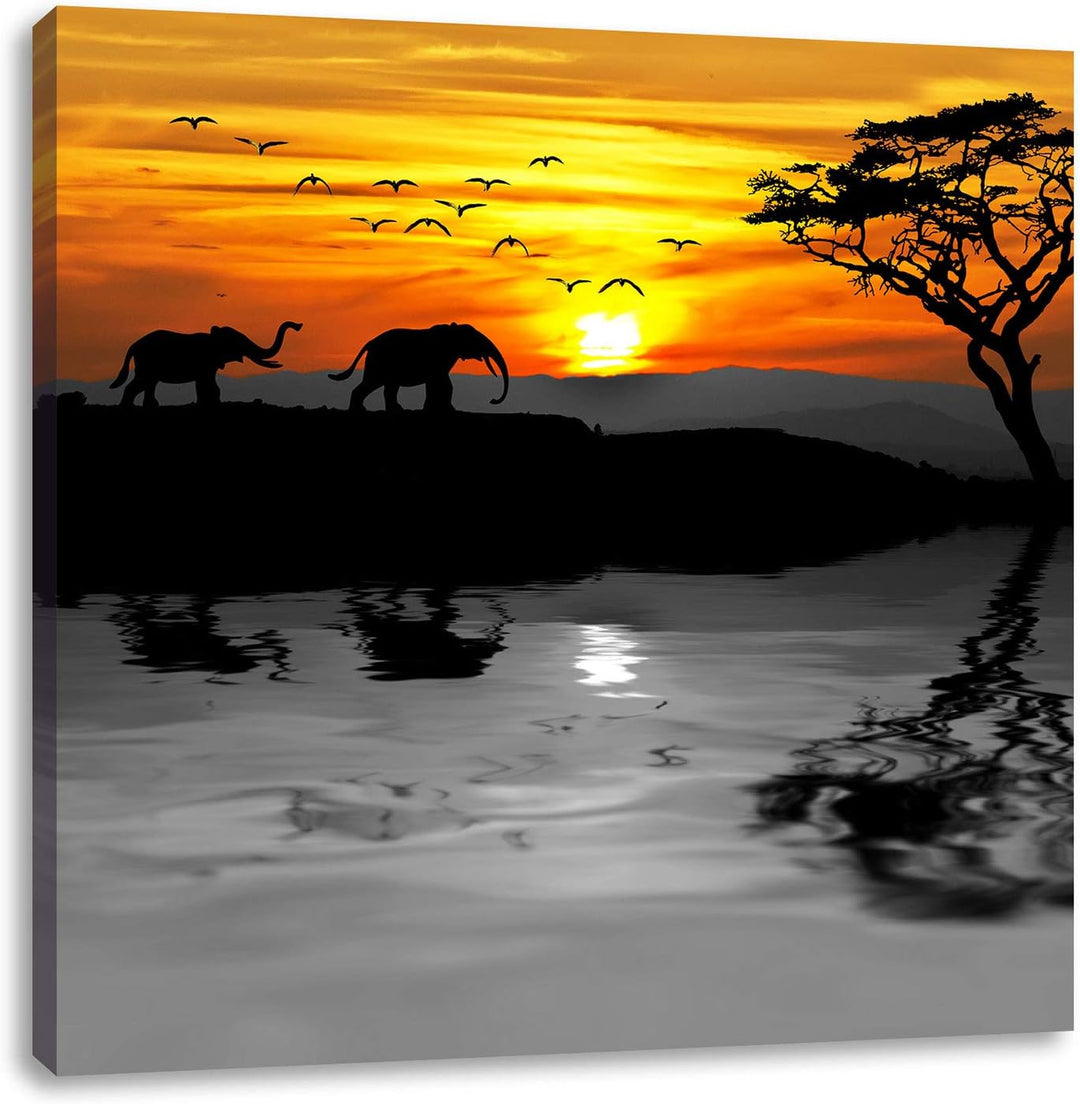 Pixxprint Afrikanische Steppe mit Elefanten schwarz/weiss, Format: 70x70 auf Leinwand, 70x70