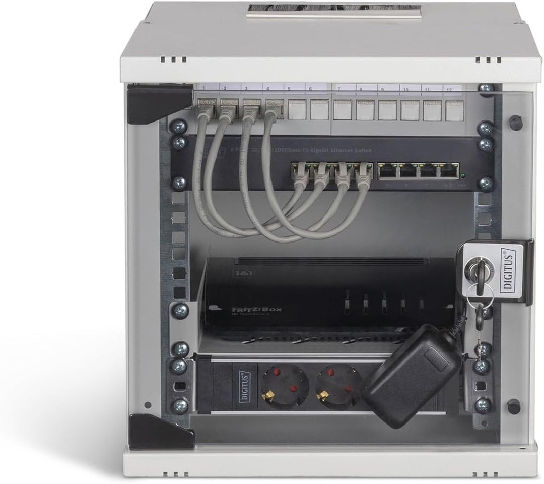 DIGITUS 10 Zoll Netzwerk-Set – 6HE Netzwerkschrank – Fachboden – Steckdosenleiste – 8-Port Switch –