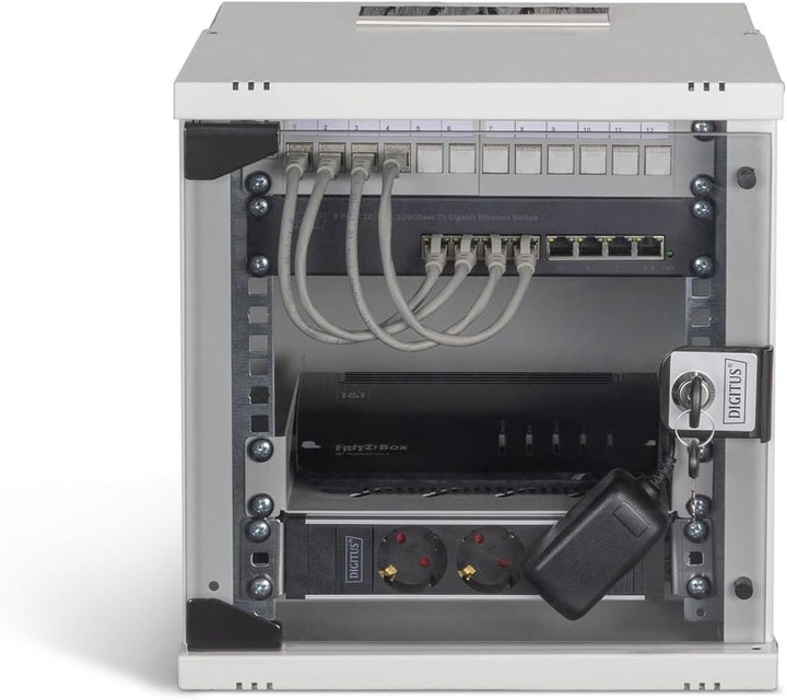 DIGITUS 10 Zoll Netzwerk-Set – 6HE Netzwerkschrank – Fachboden – Steckdosenleiste – 8-Port Switch –