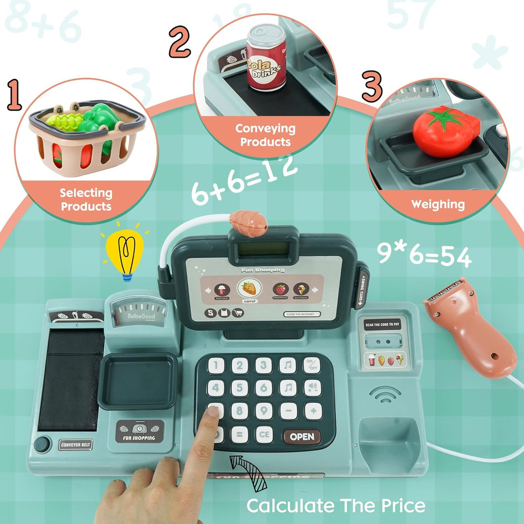 Kinder Kasse Spielzeug Supermarkt Registrierkasse mit Scanner, Sound, Essen, Kreditkarten-Geschenk,