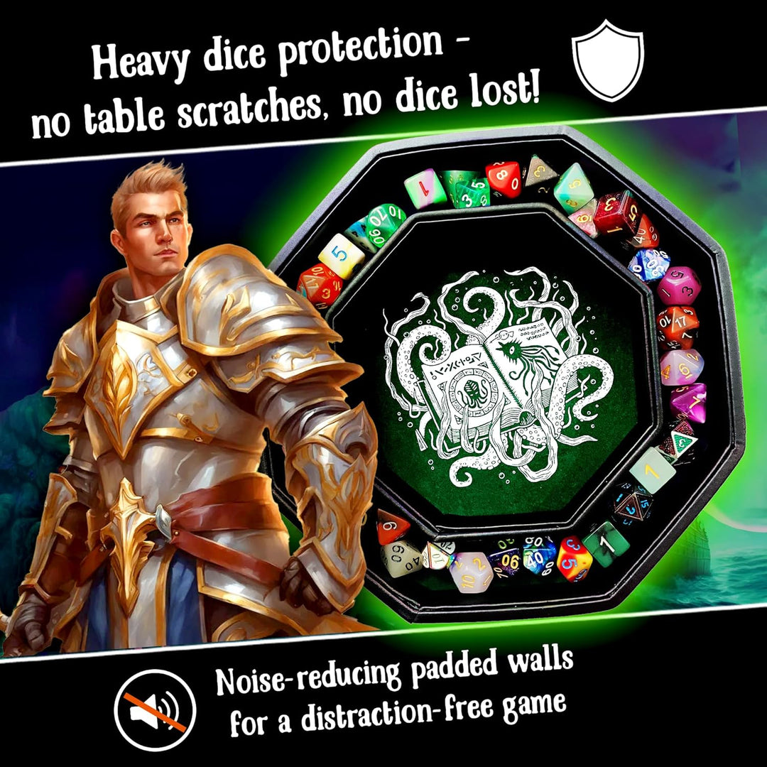 Fantasydice-Cthulhu Tome-Green - Dice Tray - 20CM Octagon with Lid and Dice Staging Area- Holds 5 Se