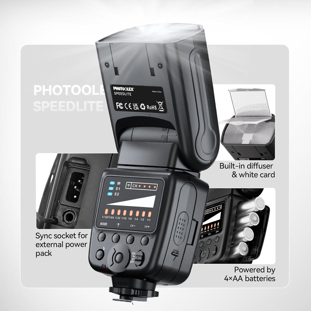 PHOTOOLEX Blitz Flash Speedlite für Canon Nikon Sony Panasonic Olympus Pentax Fujifilm Sigma Minolta