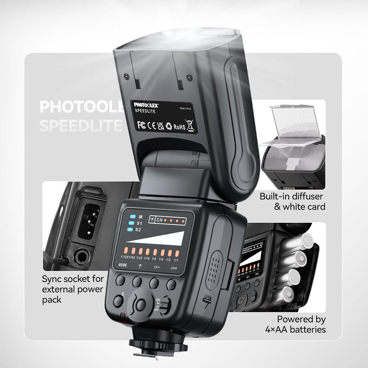 PHOTOOLEX Blitz Flash Speedlite für Canon Nikon Sony Panasonic Olympus Pentax Fujifilm Sigma Minolta