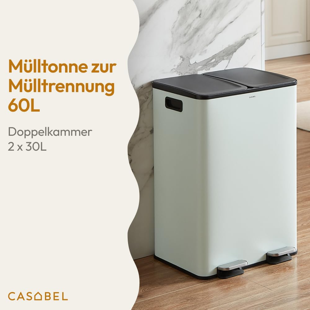 CASABEL Mülleimer Küche Mülltrennung 60L – 2x30L Doppelkammer mit Pedal, Edelstahl Mintgrün, Abfalle
