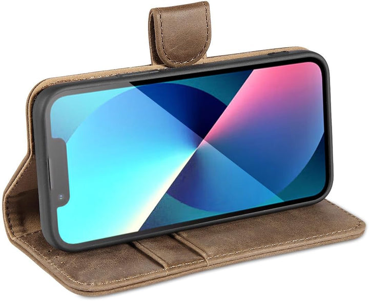 LENSUN Echtleder Hülle für iPhone 13 Mini, Handyhülle [Echtes Leder][Stand-Funktion][RFID Schutz] Ha